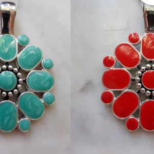Sterling Silver Both Sided -Red & Blue- Enhancer Flower Pendant  w/Hinge